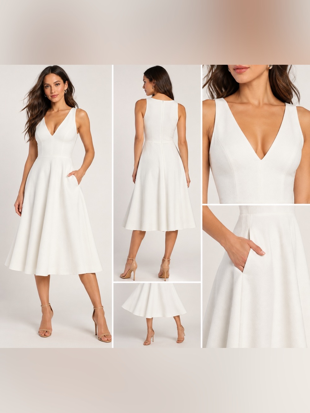 Dress the Population White V-Neck A-Line Midi Dress NWT Size S